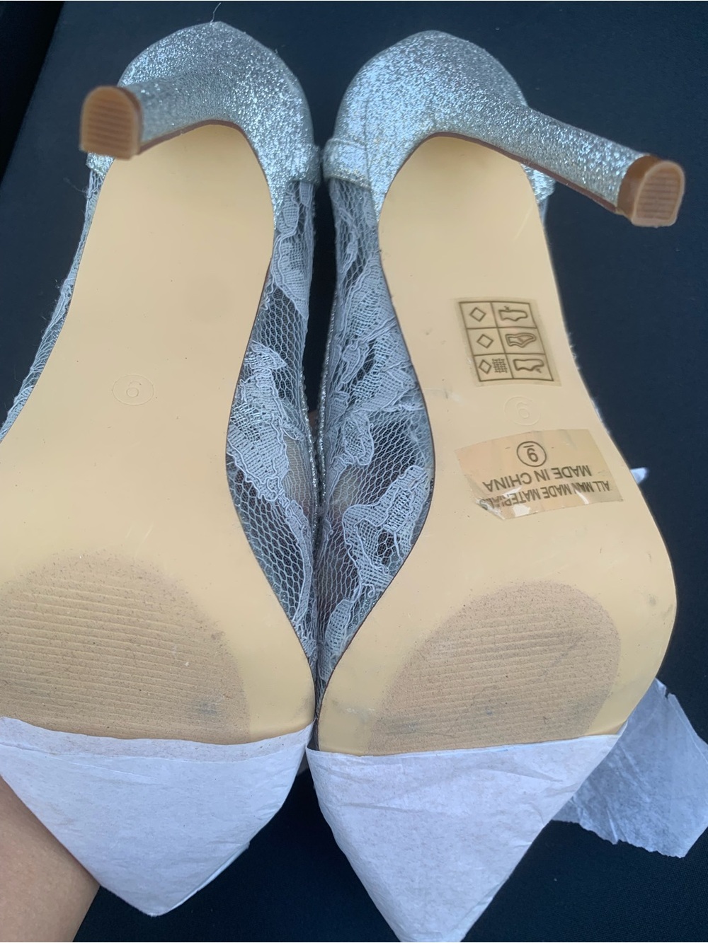 NWOT Silver Lace & Glitter High Heel Pumps with Crystal Accent - Picture 6 of 13